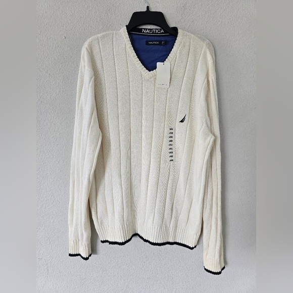 NAUTICA Sweater Mens Sz L Tan V-Neck Chunky Knit Granpa Core Eclectic New - Picture 3 of 7